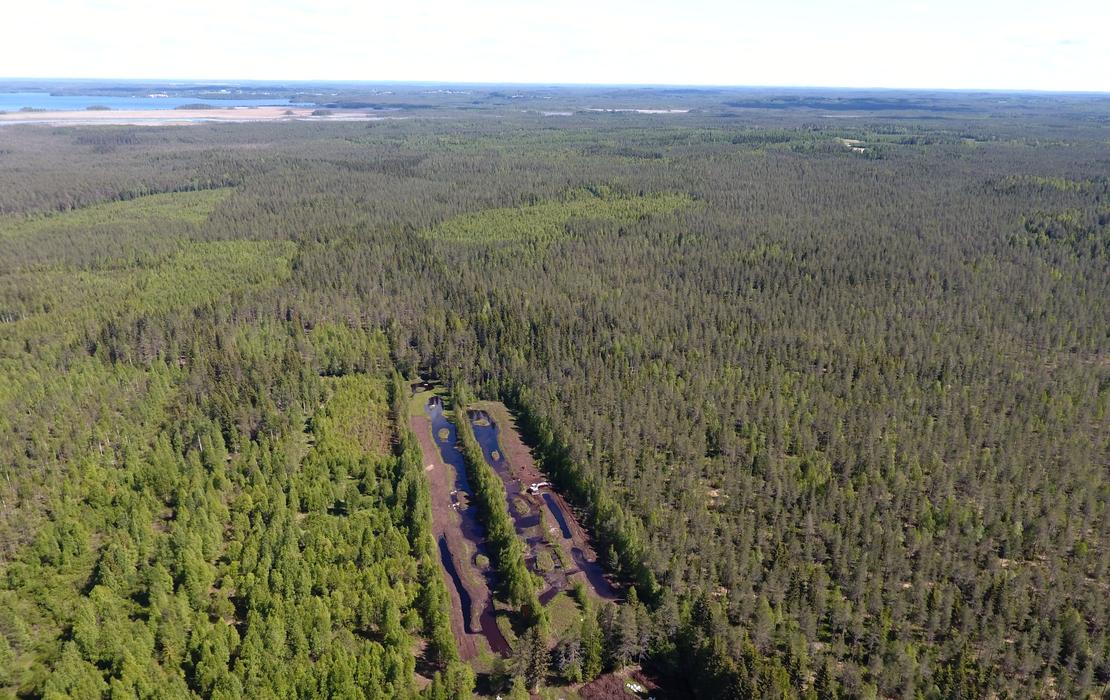 Ilmakuva metsäalueesta, johon on rakennettu uusi ajoura maanrakennustöiden yhteydessä.