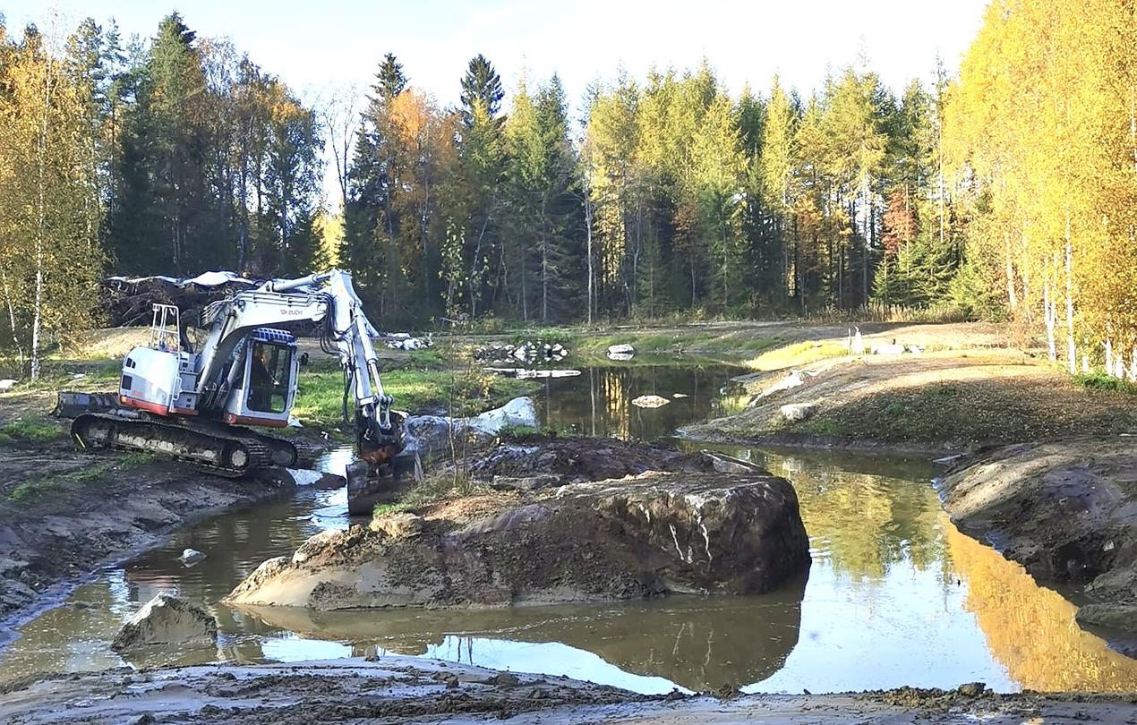 Kaivinkone työskentelee metsäisessä kosteikossa veden äärellä