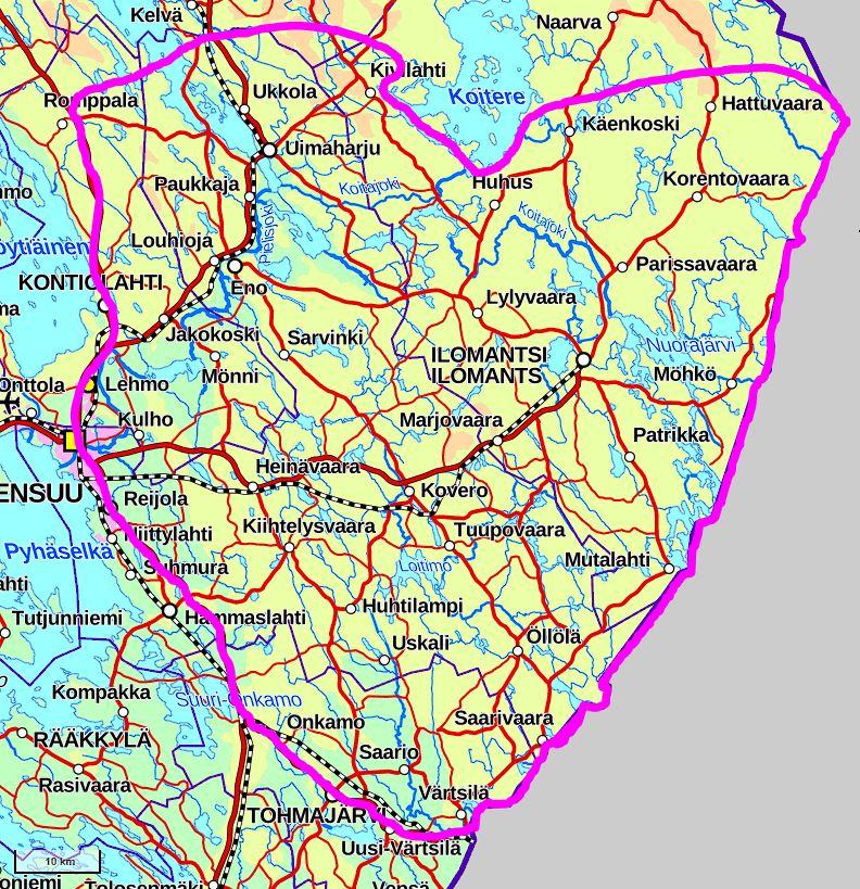 Karttakuva Kaivuu ja Kuljetus Kari Kuivalainen Oy:n toiminta-alueesta Pohjois-Karjalassa, mukaan lukien Ilomantsi, Joensuu, Kontiolahti ja Tohmaj&auml;rvi.