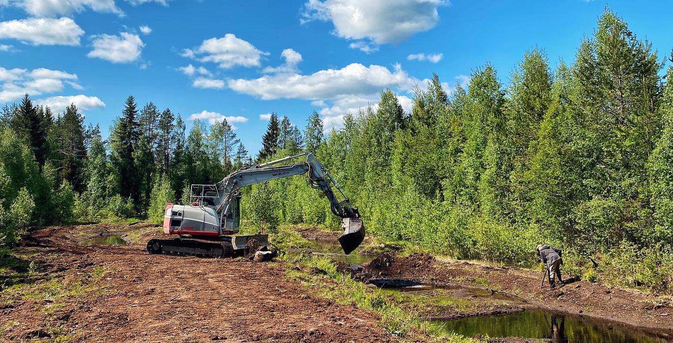 Kaivinkone ty&ouml;skentelee rakennusmaan reunalla mets&auml;isell&auml; alueella &ndash; maanrakennusty&ouml;t Ilomantsissa.
