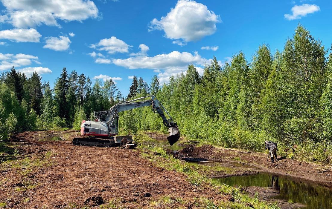 Kaivinkone ty&ouml;skentelee mets&auml;isell&auml; alueella maansiirtot&ouml;iden parissa kirkkaana kes&auml;p&auml;iv&auml;n&auml;.